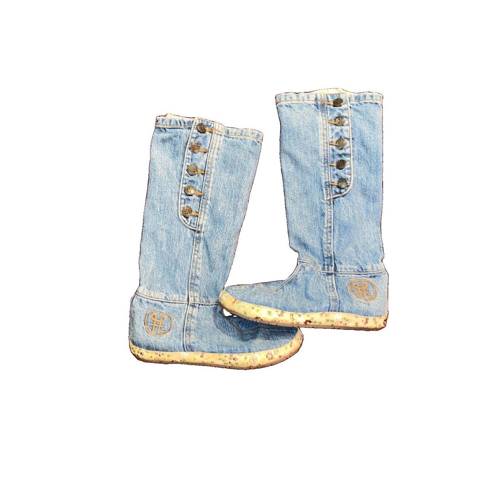 Raton Denim Mid-Calf Flat Boots Floral Lining Button Detail Women’s 10 Shoes